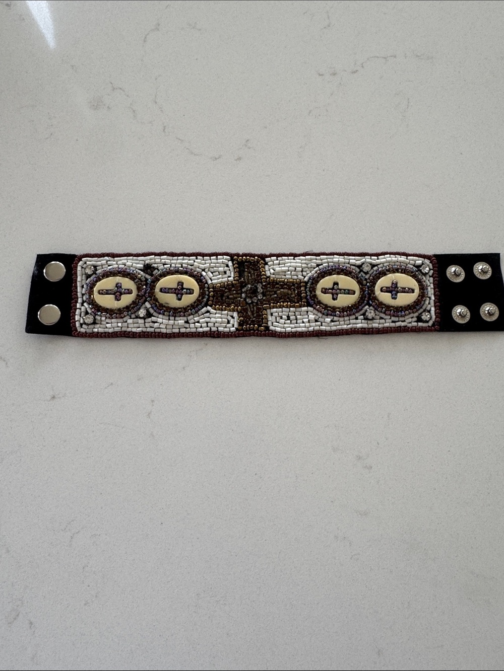 Beaded Leather Snap Bracelet with Ivory Beads NWOT